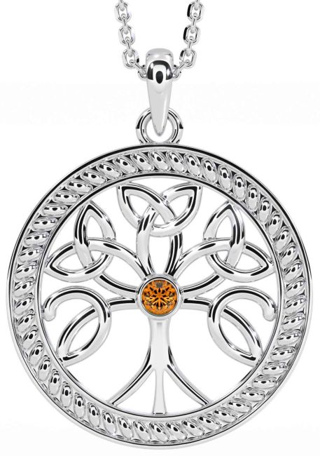 Citrine White Gold Celtic Tree of Life Trinity Knot Necklace