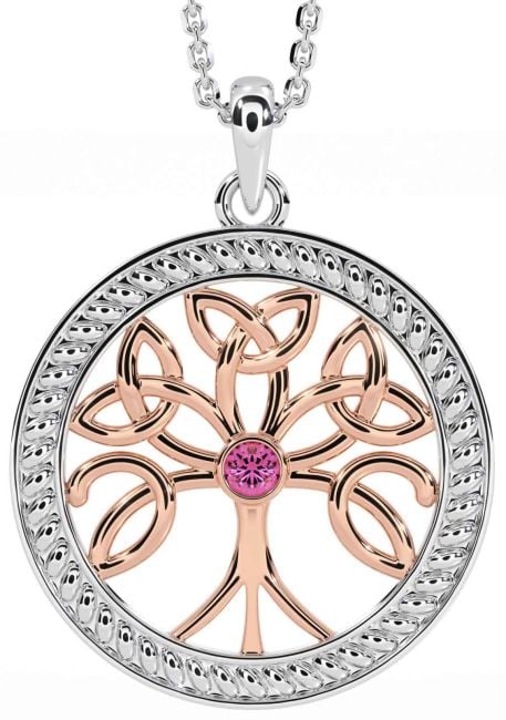 Pink Tourmaline White Rose Gold Celtic Tree of Life Trinity Knot Necklace