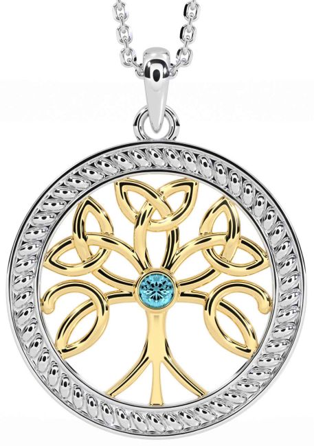 Aquamarine White Yellow Gold Celtic Tree of Life Trinity Knot Necklace