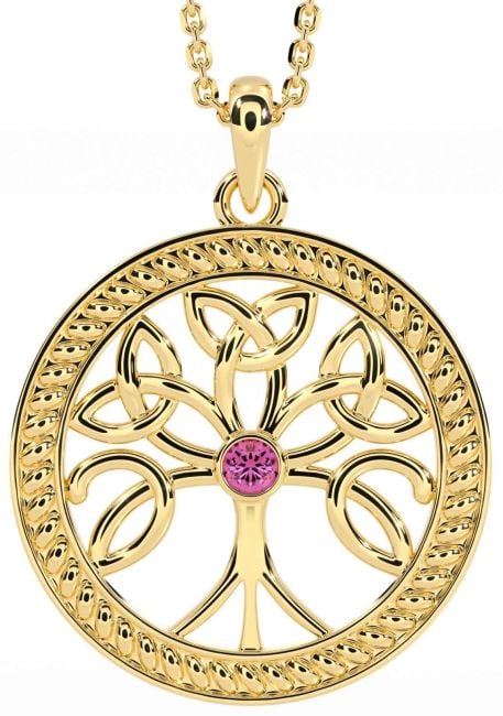 Pink Tourmaline Gold Celtic Tree of Life Trinity Knot Necklace