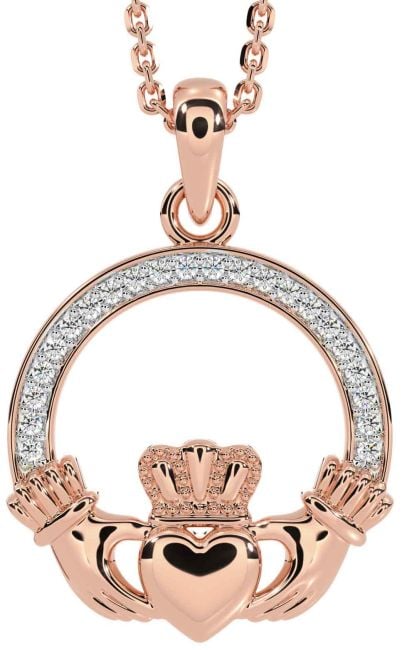 Diamond Rose Gold Silver Claddagh Necklace