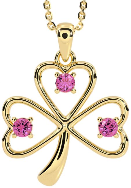 Pink Tourmaline Gold Shamrock Necklace