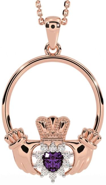 Diamond Alexandrite Rose Gold Silver Claddagh Necklace