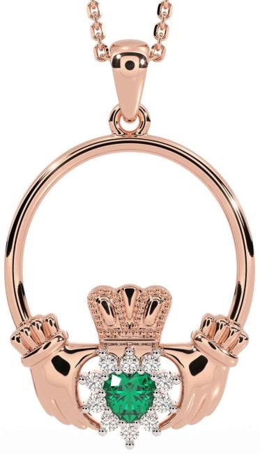 Diamond Emerald Rose Gold Silver Claddagh Necklace