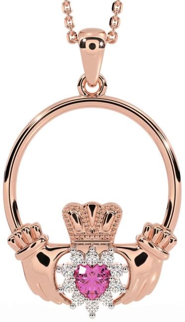 Diamond Pink Tourmaline Rose Gold Silver Claddagh Necklace