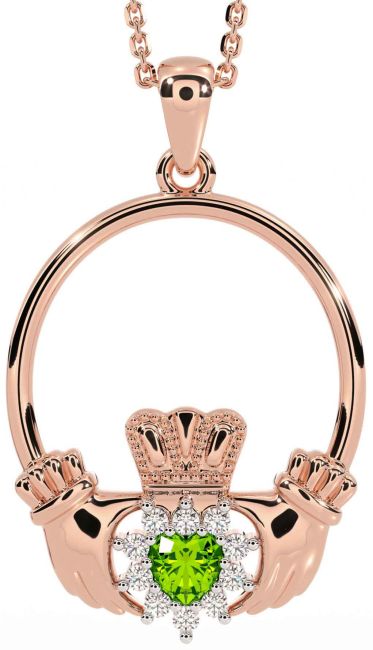Diamond Peridot Rose Gold Silver Claddagh Necklace