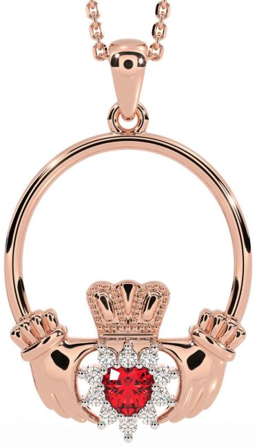 Diamond Ruby Rose Gold Silver Claddagh Necklace