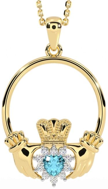 Diamond Aquamarine Gold Silver Claddagh Necklace