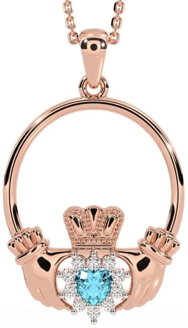 Diamond Aquamarine Rose Gold Claddagh Necklace