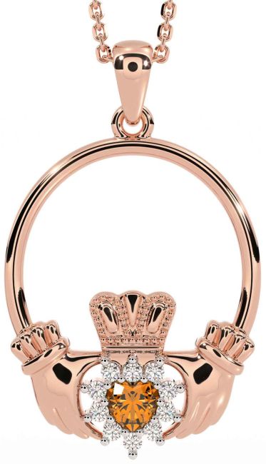 Diamond Citrine Rose Gold Claddagh Necklace