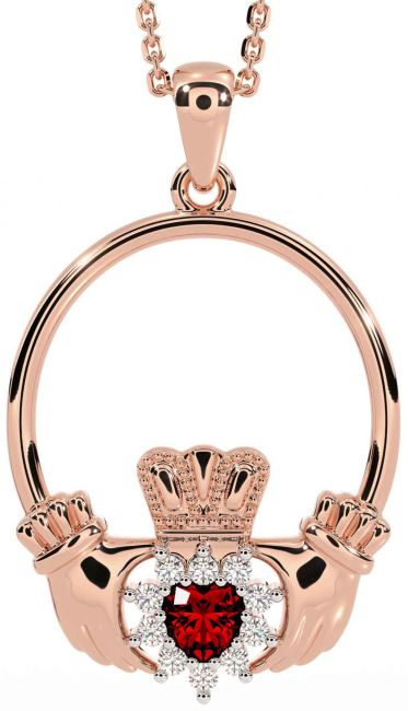 Diamond Garnet Rose Gold Claddagh Necklace