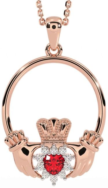 Diamond Ruby Rose Gold Claddagh Necklace