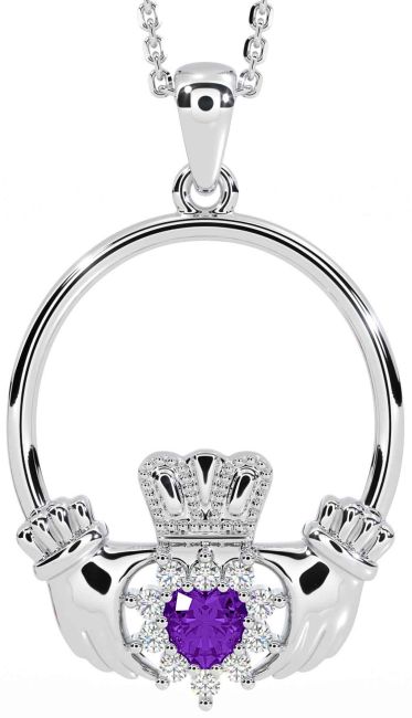 Diamond Amethyst Silver Claddagh Necklace