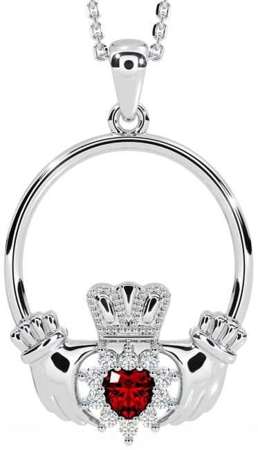 Diamond Garnet Silver Claddagh Necklace