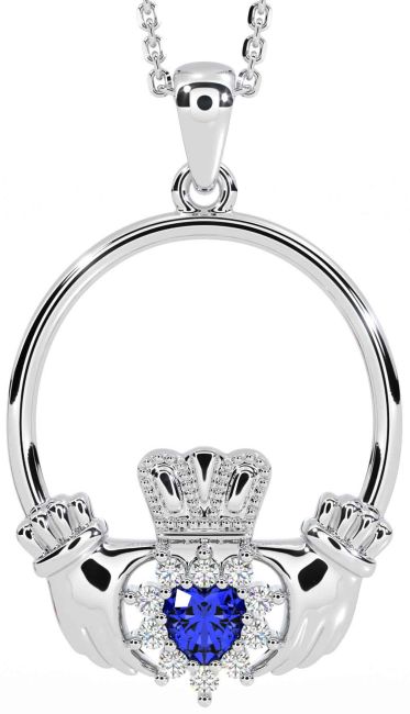 Diamond Sapphire Silver Claddagh Necklace