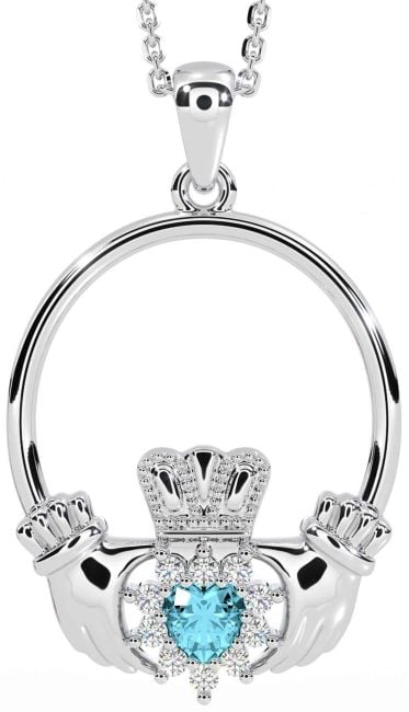 Diamond Aquamarine White Gold Claddagh Necklace