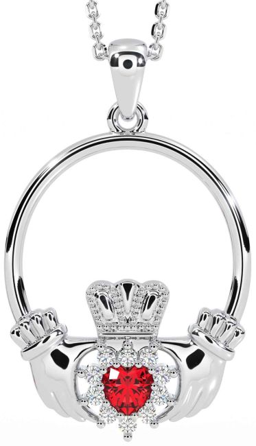 Diamant Rubin Weiß Gold Claddagh Halskette