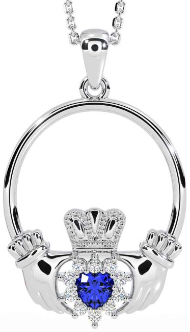 Diamond Sapphire White Gold Claddagh Necklace