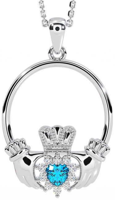 Diamond Topaz White Gold Claddagh Necklace