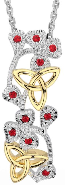 Ruby White Yellow Gold Shamrock Trinity knot Necklace