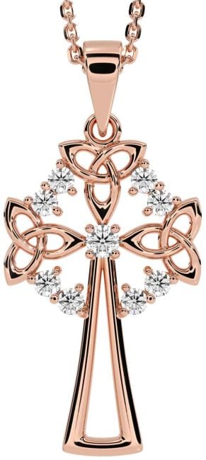 Diamond Rose Gold Silver Celtic Cross Trinity Knot Necklace