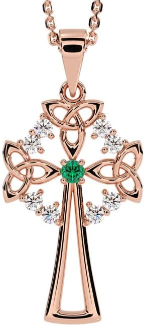 Diamond Emerald Rose Gold Silver Celtic Cross Trinity Knot Necklace