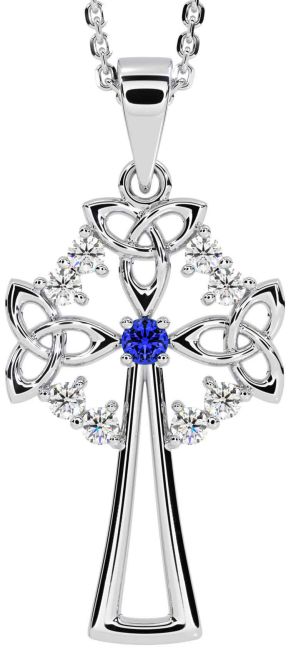 Diamond Sapphire Silver Celtic Cross Trinity Knot Necklace