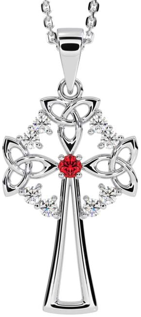 Diamond Ruby White Gold Celtic Cross Trinity Knot Necklace