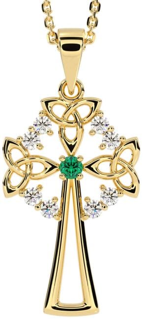 Diamond Emerald Gold Celtic Cross Trinity Knot Necklace