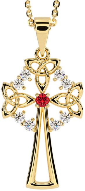 Diamond Ruby Gold Celtic Cross Trinity Knot Necklace