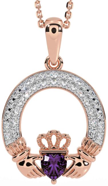 Diamond Alexandrite Rose Gold Silver Claddagh Necklace