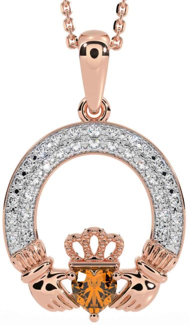 Diamond Citrine Rose Gold Silver Claddagh Necklace