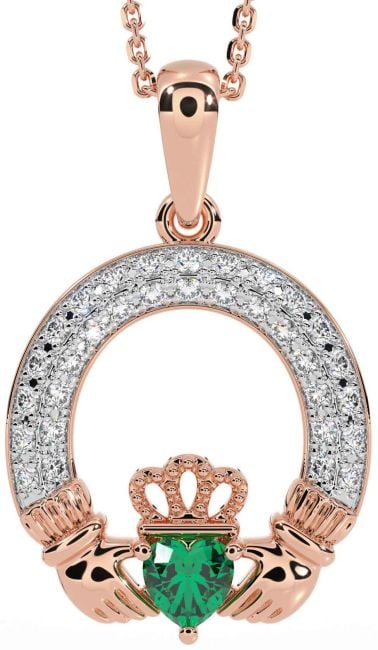 Diamond Emerald Rose Gold Silver Claddagh Necklace