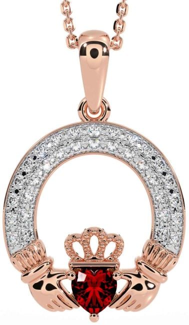 Diamond Garnet Rose Gold Silver Claddagh Necklace