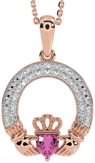 Diamond Pink Tourmaline Rose Gold Silver Claddagh Necklace