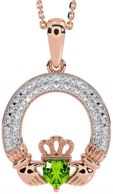 Diamond Peridot Rose Gold Silver Claddagh Necklace