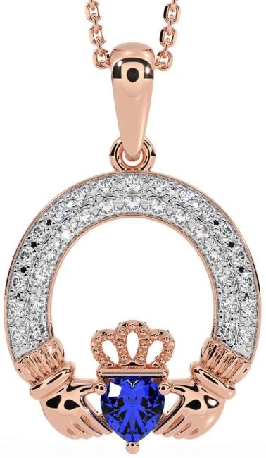 Diamond Sapphire Rose Gold Silver Claddagh Necklace