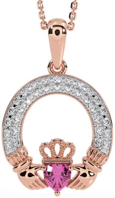 Diamond Pink Tourmaline Rose Gold Claddagh Necklace