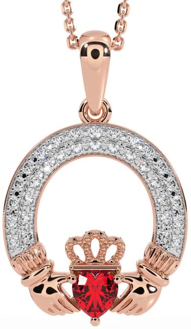 Diamond Ruby Rose Gold Claddagh Necklace