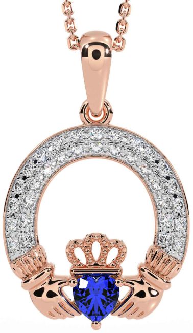 Diamond Sapphire Rose Gold Claddagh Necklace