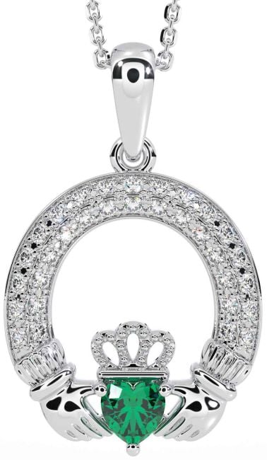 Diamond Emerald Silver Claddagh Necklace