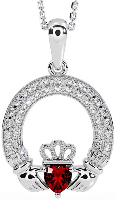 Diamond Garnet Silver Claddagh Necklace