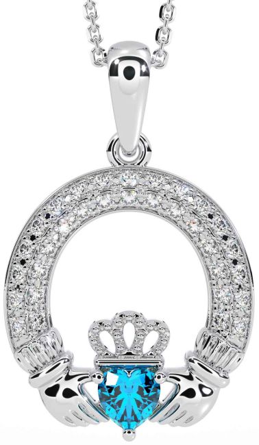 Diamond Topaz Silver Claddagh Necklace