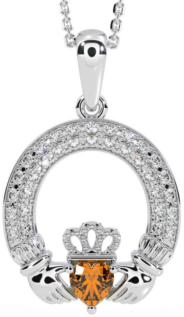 Diamond Citrine White Gold Claddagh Necklace