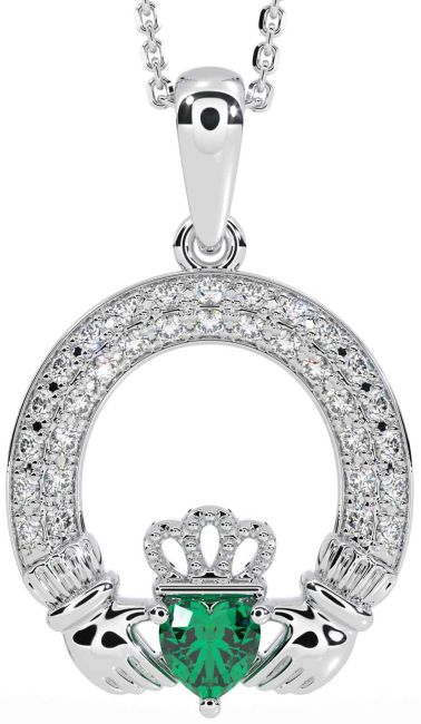 Diamond Emerald White Gold Claddagh Necklace