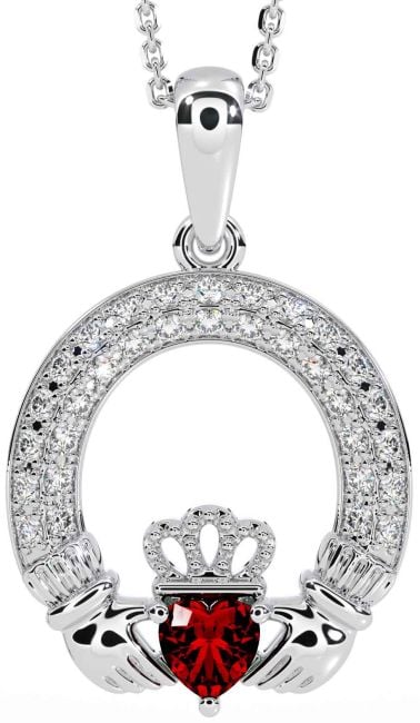 Diamond Garnet White Gold Claddagh Necklace