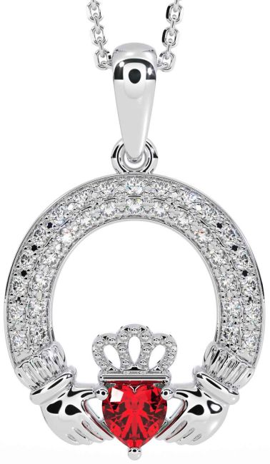 Diamond Ruby White Gold Claddagh Necklace