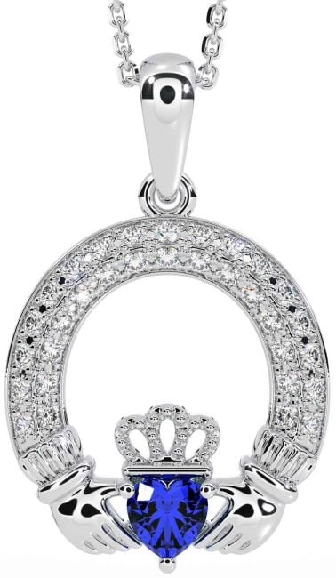 Diamond Sapphire White Gold Claddagh Necklace