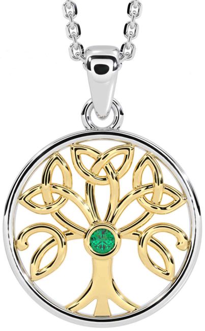 Emerald Gold Silver Celtic Tree of Life Trinity Knot Necklace