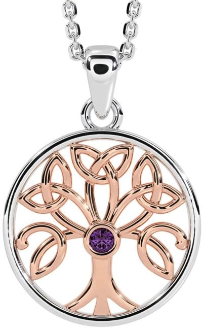 Alexandrite Rose Gold Silver Celtic Tree of Life Trinity Knot Necklace
